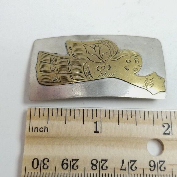 Vintage Two Tone Metal Angel Brooch, Silver Tone Rectangle Lapel PIn, Holiday - Picture 3 of 6